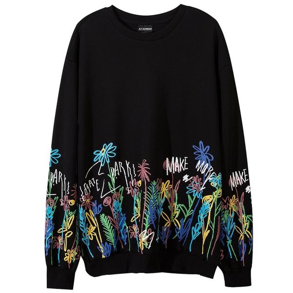 

painted flowers print sweatshirt streetwear men hip hop pullover sweatshirts casual hoodie no hood thin, Black