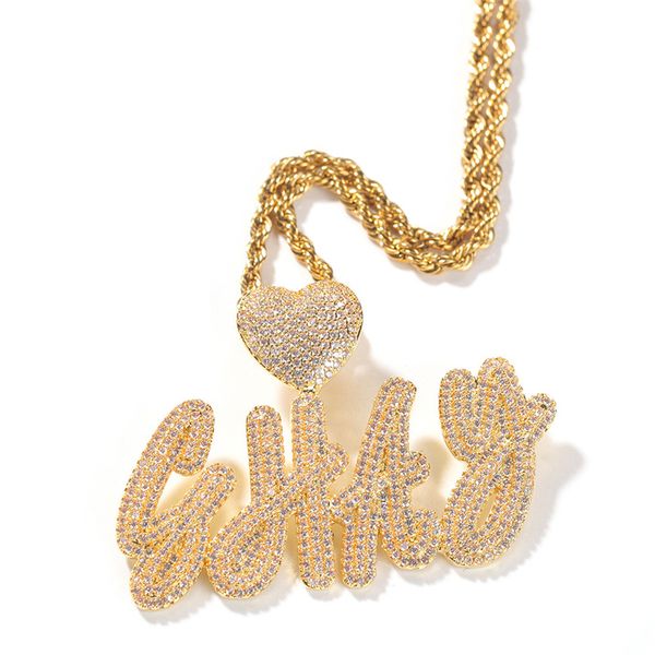 

diy custome name letter necklace gold plated bling iced out cz heart cursive letter pendant necklace with rope chain for men women, Silver
