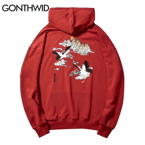 

japanese style sweatshirts streetwear hip hop embroidery cranes pullover hooded hoodies mens harajuku casual coats kg-31, Black
