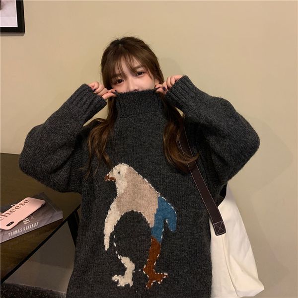 

half 2021 female turtleneck loose outer sweater lazy style thick autumn and new winter cartoon penguin 91du, White;black