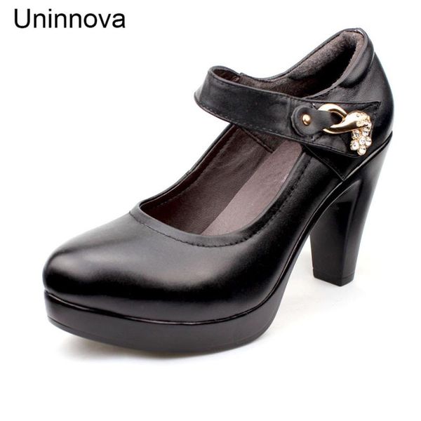 

classic mary jane pumps genuine leather super high heels comfortable business shoes autumn spring uninnova plus size 43 wp075, Black