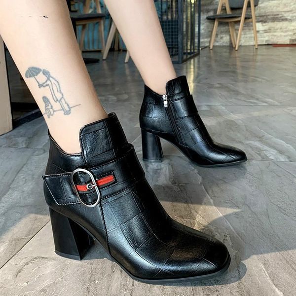 

boots 2021 autumn women's thick-heeled short women square head female ankle single d1319, Black