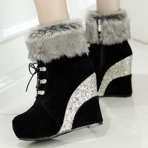 

new arrivals chic winter shoes boots women big size 43 wedges high heels add fur snow booties, Black