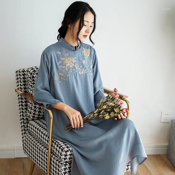 

johnature women embroidery floral dresses vintage 2020 spring new stand seven sleeve solid color cheongsam chinese style dresses1, Red