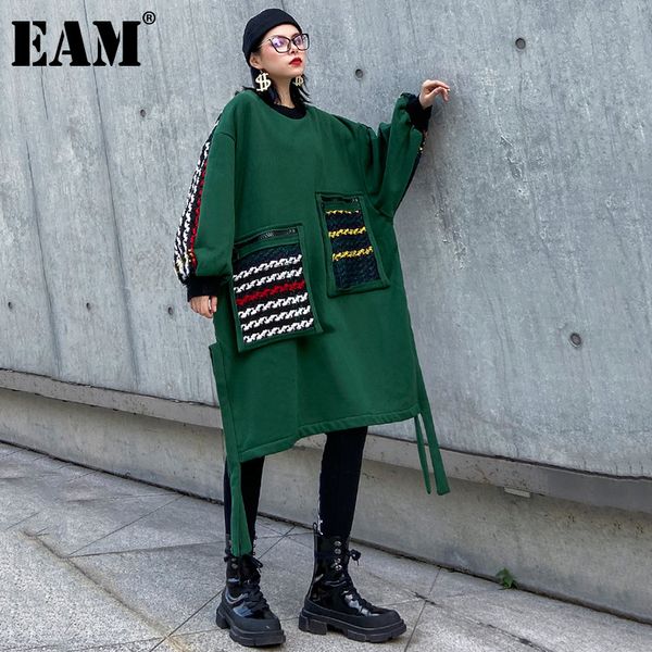 

[eam] women back plaid ribbon big size thick dress new round neck long sleeve loose fit fashion tide autumn winter 1dd1332 201126, Black;gray