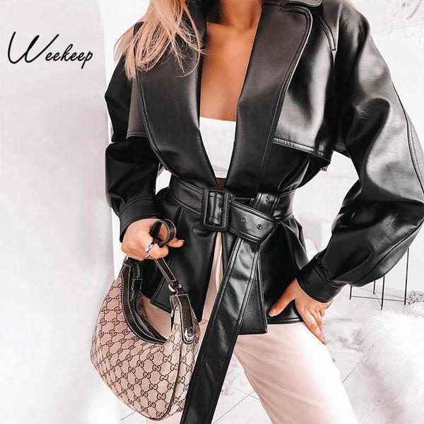 

2020 women high street trench coat sashes lace up black pu leather windbreaker trench coat slim autumn 20201, Tan;black