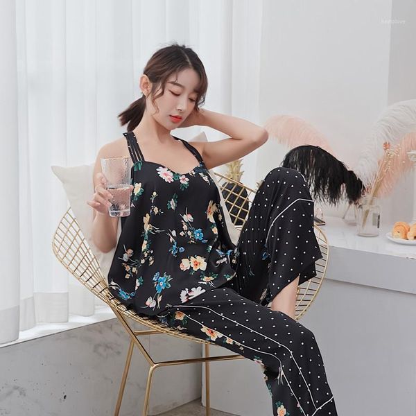 

women black backless pajamas set sleepwear print pijamas suit nightwear casual soft sleep set homewear silky satin negligee1, Black;red