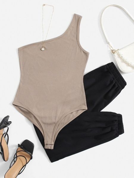 

one shoulder bodysuit & solid sweatpants s04x#, White