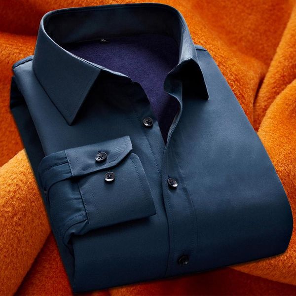 

men's dress shirts 2021 good quality plus velvet and thickening warm solid color business long sleeve shirt size, White;black