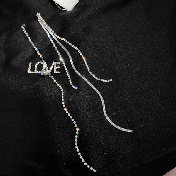 

fyuan korean style letter love asymmetry earrings long tassel rhinestone dangle earrings for women statement jewelry, Silver