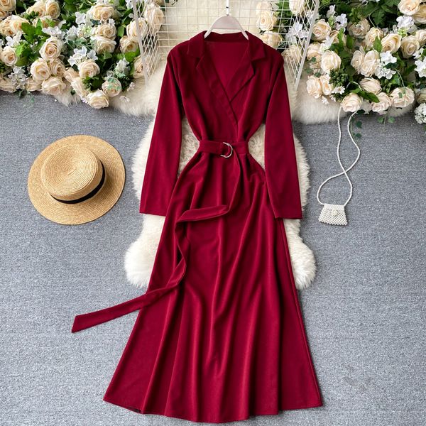 

2021 new vintage female singer solid neck long suit tracks line dressed autumn maxi office dress n60n, Black;gray