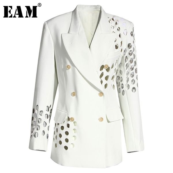 

eam] women white hollow out double breasted blazer new lapel long sleeve loose fit jacket fashion spring autumn 1y332 y201026, White;black