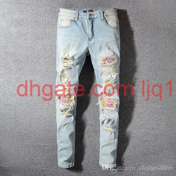 

mens jeans hip hop pants stylist jeans distressed ripped biker jean slim fit motorcycle straight denim men jeans mens pants, Blue