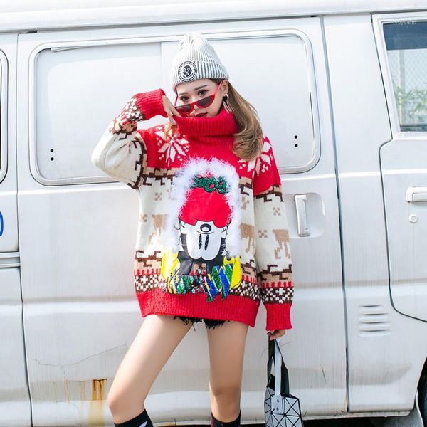 

cartoon patch turtleneck sweaters women loose sequins knitted pullover spring red florals printing warm knitwear femme jumper1, White;black