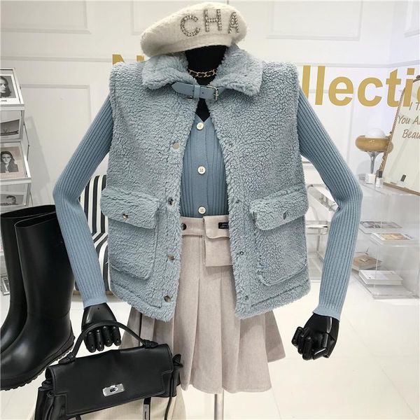 

women's vests lamb wool vest jacket autumn and winter 2021 short korean loose outer fur one, Black;white