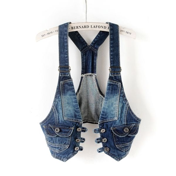 Double-breasted curto magro feminino colete jeans verão strap weistcoat feminino sem mangas jaqueta jaqueta patchwork gilet femme 201031