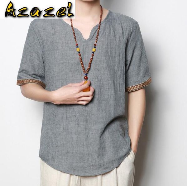

2020 summer new men's brand chinese style casual short-sleeved shirt men fashion v-neck thin loose linen shirt unlined, White;black