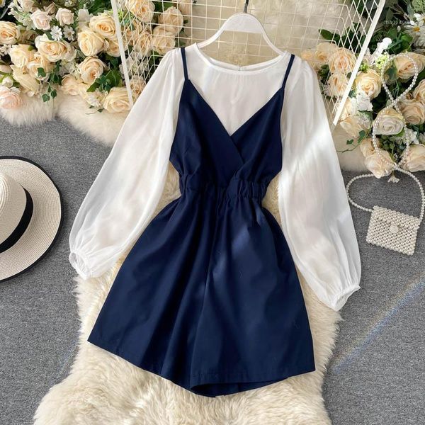 

two-piece western style ageing suit 2020 new women's summer bottoming shirt all-match high waist strap wide leg pants1, Black;white