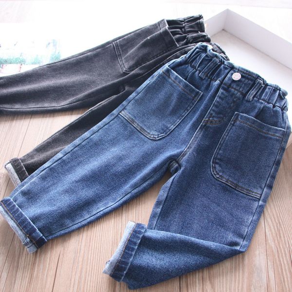 

autumn and winter girls' front double-pocket jeans, Blue