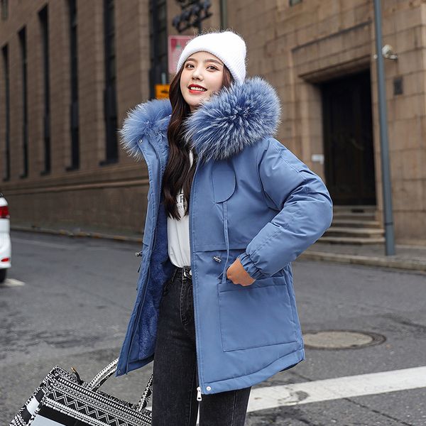 

2021 newwomen's winter jacket slim thick fur collar long woman hooded plus size style cotton padded female cold coat gv6h, Black