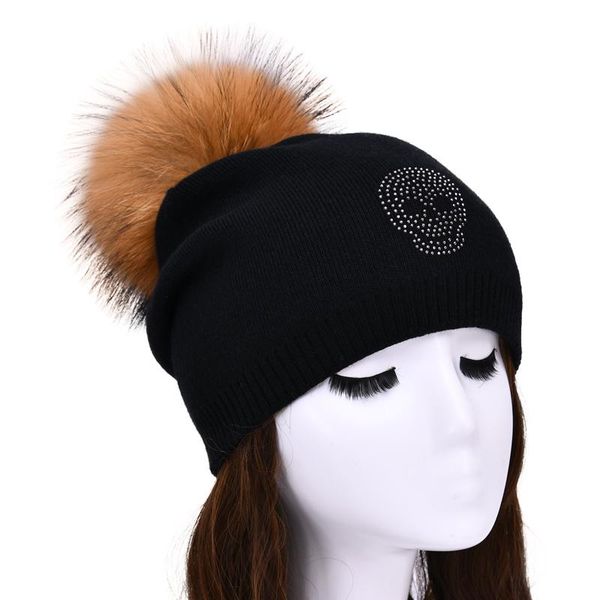 

real fur winter hat raccoon fur pom pom hats shining rhinestone for women brand thick women hat wholesale knitted beanies cap