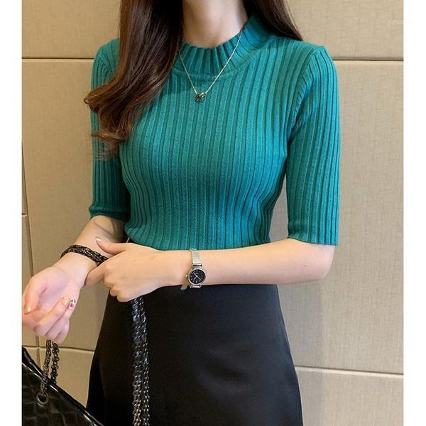 

qrwr 2020 woman sweaters spring autumn casual half turtleneck half sleeve knittings elegant slim fit basic sweater women1, White;black