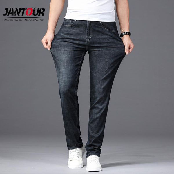 

men's jeans jantour 2021 men business casual straight slim fit black stretch denim pants trousers classic big size 29-40, Blue