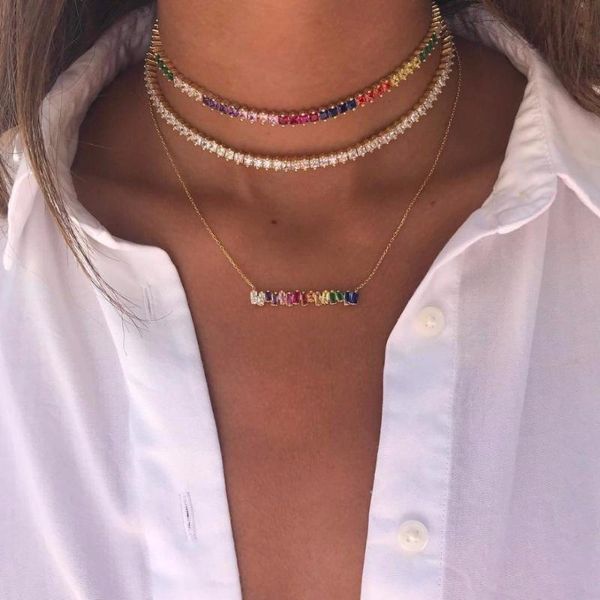 

2020 rainbow baguetee cz bar geometric pendant & necklaces colorful rainbow gold filled women fashion choker gifts, Silver
