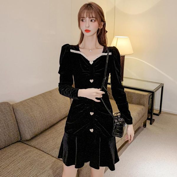 

make new winter love buckle velvet black furbelow tail swing cultivate one's morality show thin dress, Black;gray
