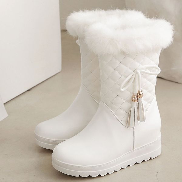 

jaycosin fashion boots winter warm women's bow tassel ladies solid casual boots plush thick med heel wedges shoes sewing, Black