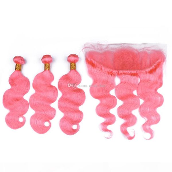

baby pink color hair weaves with lace frontal peruvian virgin hair ear to ear frontal with peach pink body wave hair 3bundles, Black;brown