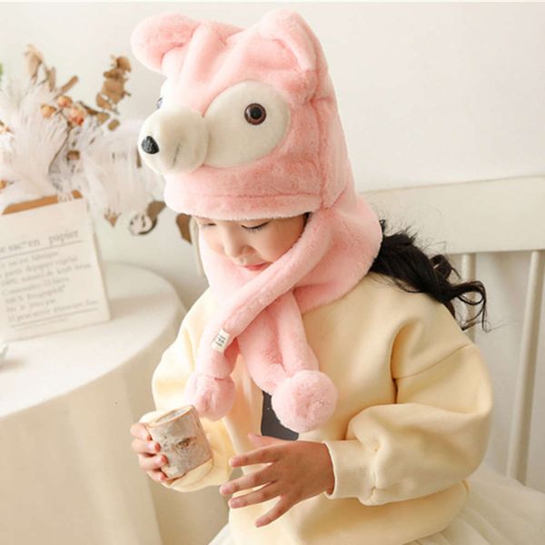 

new autumn and winter pure color plush children's hat warm cartoon fox baby bib, Red;brown