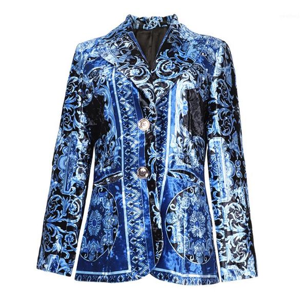 

women's jackets verdejuliay velvet jacket 2021 autumn winter designer women luxury royal blue printed slim long sleeve jacket1, Black;brown