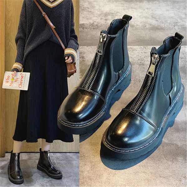 

new autumn 2021 fashions zip boots round foot plutonium leather all over the game fashionable winter flats warm women's shoes kyxq, Black