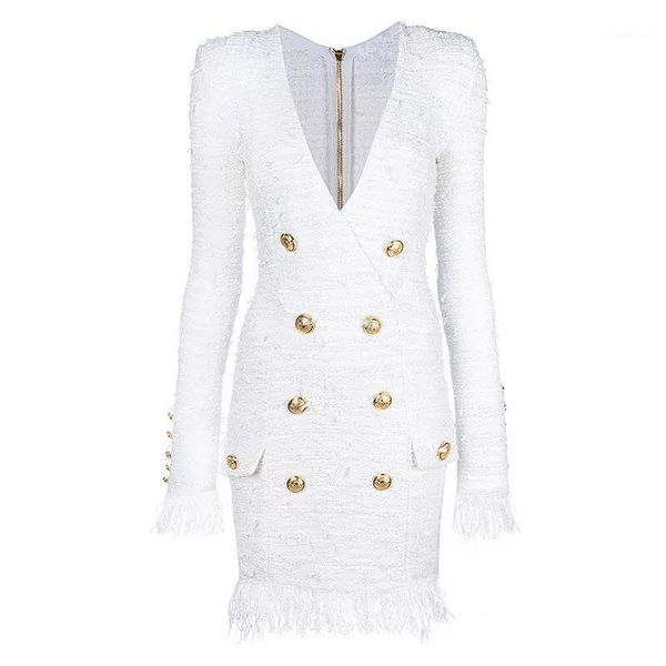 

2020 fall winter designer dress women's v-neck long sleeve lion buttons tassel fringed tweed dress1, Black;gray