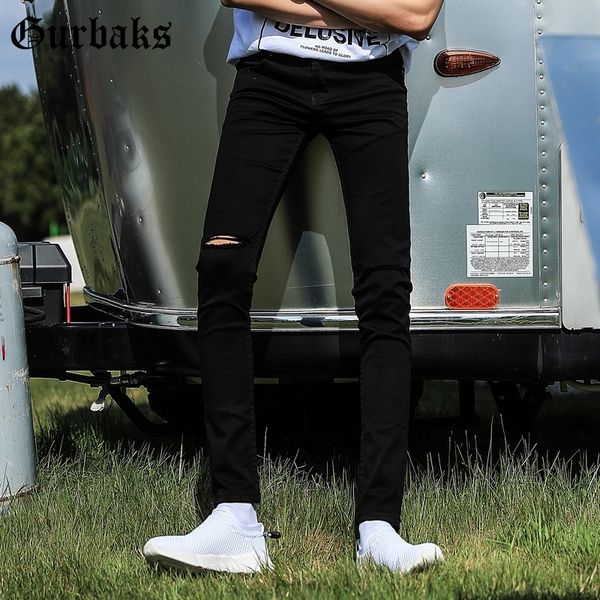 

l8wgc korean style summer jeans men's slim-fit skinny tight hole knee trendy beggar jeans tight pants long pants men bls91, Blue