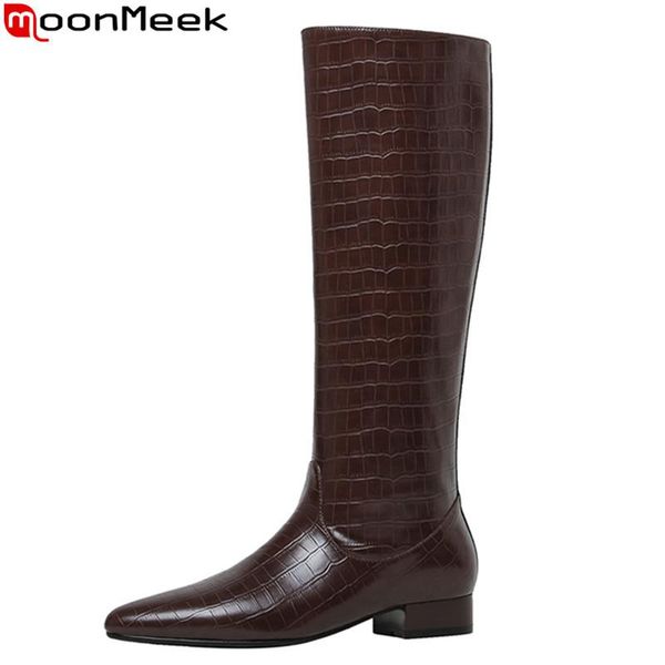 

boots moonmeek 2021 arrival knee high low heel pointed toe autumn winter quality 3 colors women, Black