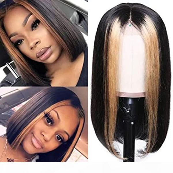 

highlight straight hair lace front human hair wigs bob , brazilian remy hair pre colored ombre lace frontal wig pre plucked 150% density, Black;brown