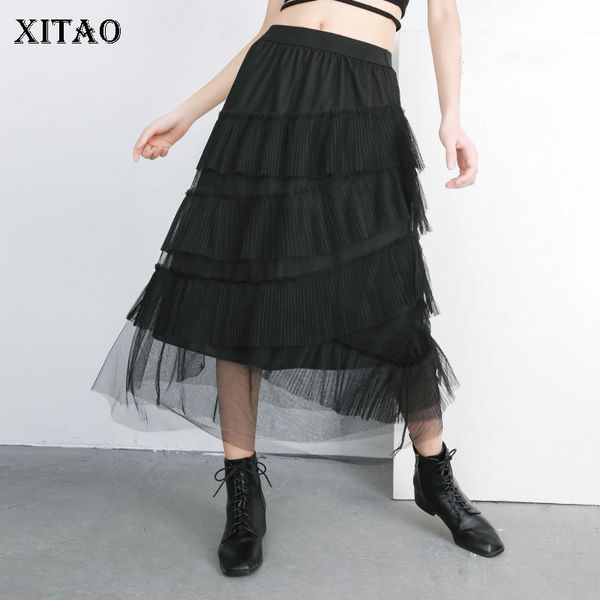 

xitao] women europe fashion 2019 spring summer new loose mesh skirt female solid color match all a-line mid-calf skirt dll2880, Black