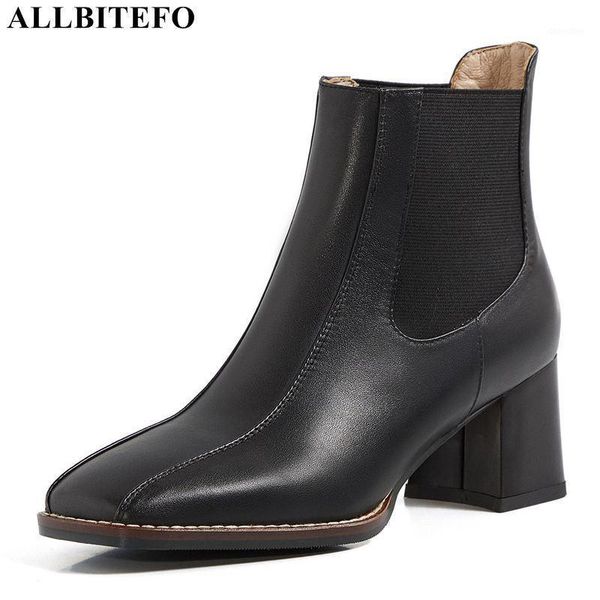 

boots allbitefo thick heels genuine leather square toe brand high casual women heel shoes autumn ankle boots1, Black