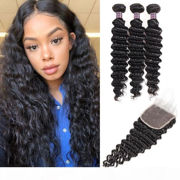 

brazilian deep wave & kinky curly human hair bundles with closure brazilian human hair with closure unprocessed virgin hair weaves wholesale, Black