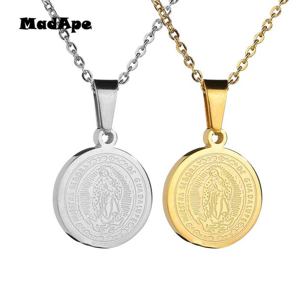 

pendant necklaces madape round virgin mary necklace gold color titanium stainless steel jesus pendants chain sweater choker for religious, Silver