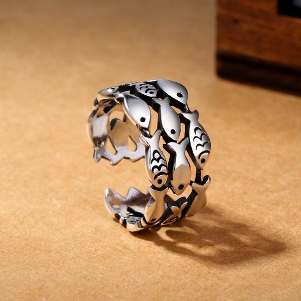 

european and american jewelry female small fish ring retro wide open ring hand jewelry multilayer fish ring wholesale, Golden;silver