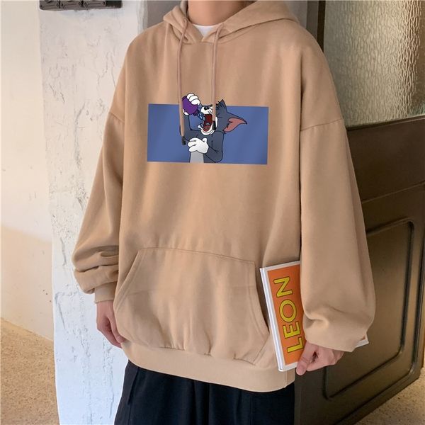 

autumn and winter ins cartoon printed plush hoodie men's trend korean loose bf thickened pullover, Black