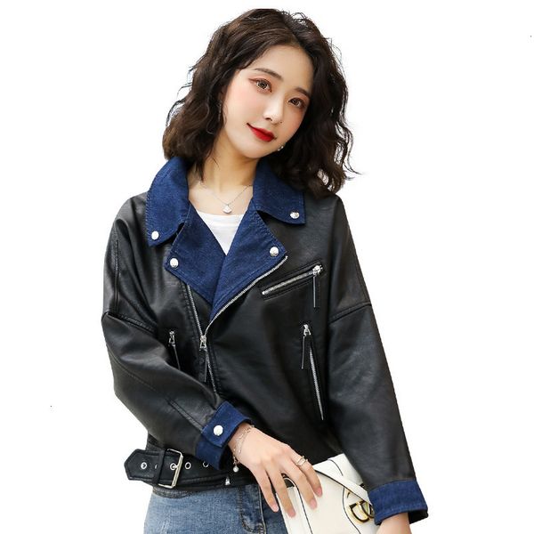 

women's fur motorcyclists' soft synthetic leather coats, black, spring and autumn, 2020