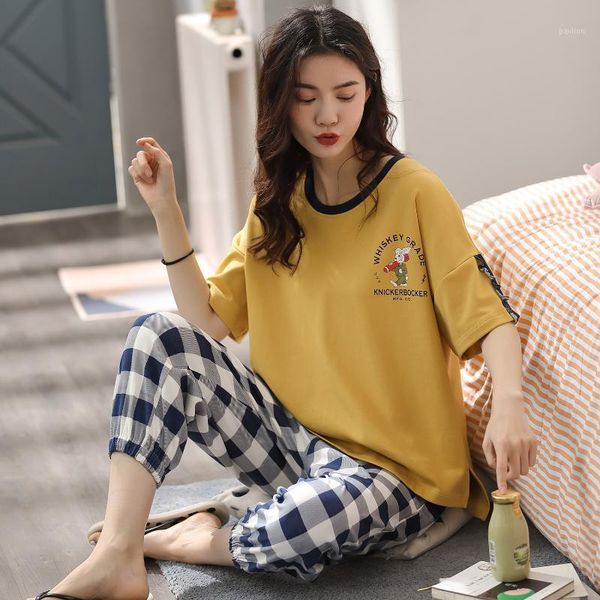 

summer pajama set woman short sleeve pants causal sweet girl sleepwear home outfit woman1, Black;red