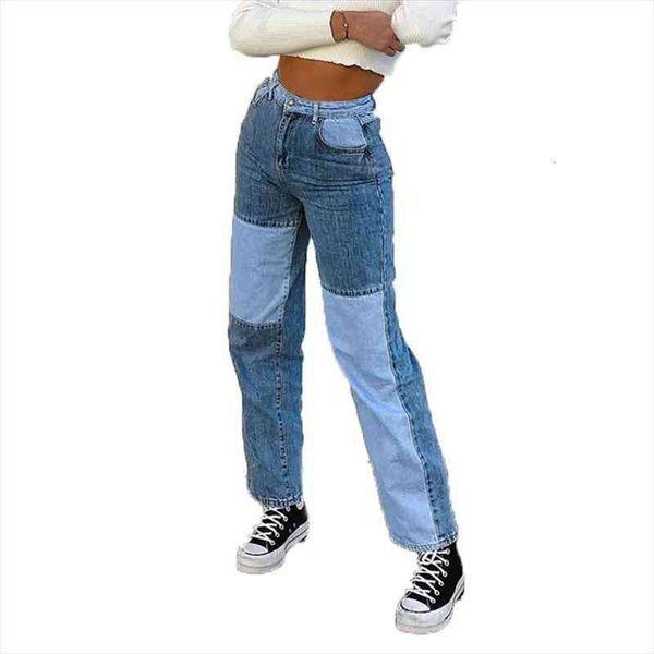 

spring women patchwork boyfriend jeans casual loose high waist denim pants woman vintage wide leg straight mom jeans trousers, Blue