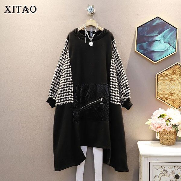 

xitao patchwork irregular zipper dress women 2020 winter casual fashion new style temperament all match women clothes zy1816, Black;gray