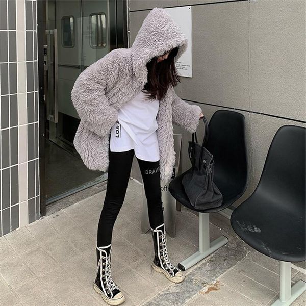

women's fur & faux winter style gentle wind loose llarge size casual warmth thick mid-length lamb wool plush jacket clothing, Black