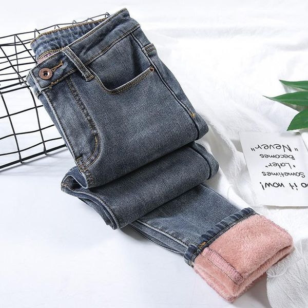 

guuzyuviz high elasticity to keep warm jeans woman velvet pencil denim pants casual autumn winter plus size highwaisted jeans1, Blue